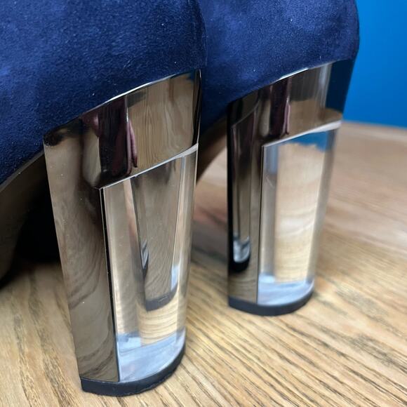Stuart Weitzman Lucite Navy Suede Almond Toe Chunky Pumps Blue Heels Women’s 9 - Picture 2 of 11